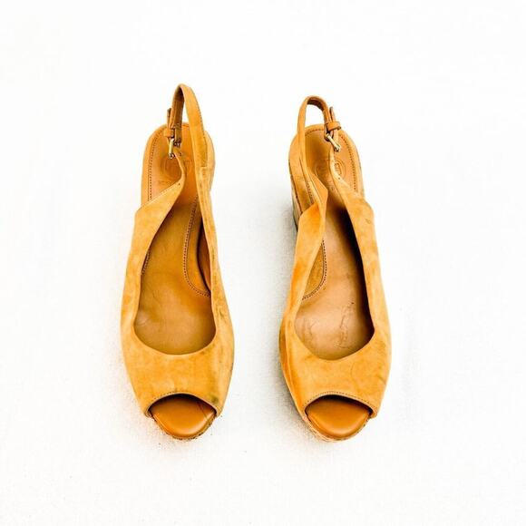 Tory Burch Tan Suede Peep Toe Wedge Slingback Sandals Size 8 - Picture 1 of 7